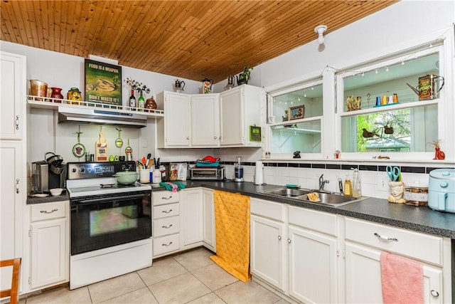 4009 Pope Dr, Corpus Christi, TX 78411 - kitchen featuring electric range, under cabinet range hood, wooden ceiling, light tile patterned flooring, and white cabinets