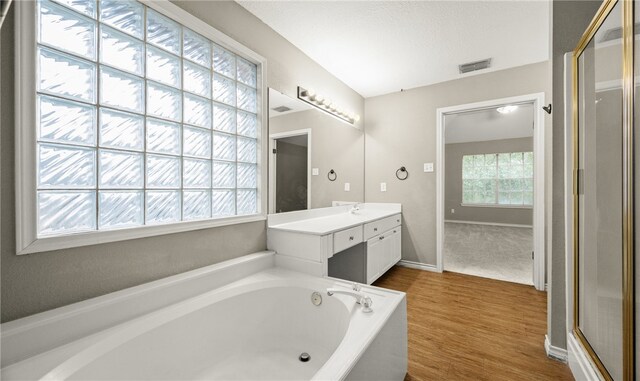 bathroom featuring vanity, shower with separate bathtub, and hardwood / wood-style floors