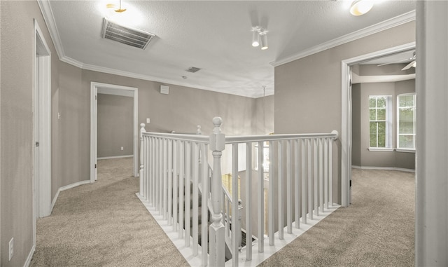 corridor featuring light carpet, crown molding, and a textured ceiling