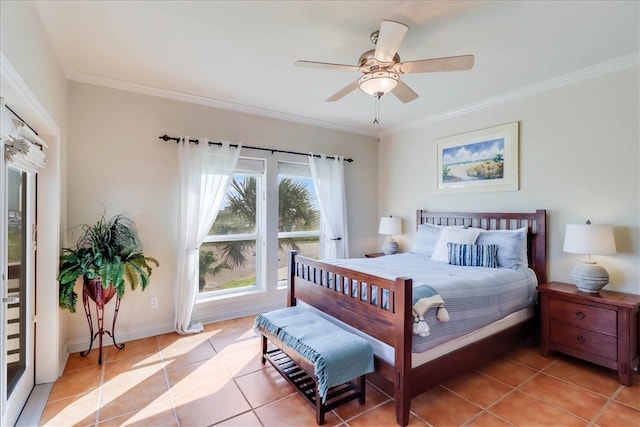 bedroom with light tile patterned floors, ceiling fan, and ornamental molding