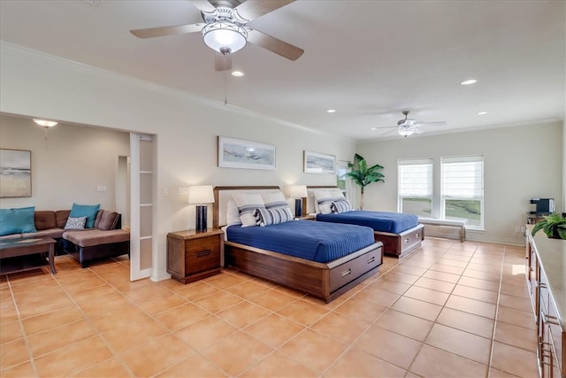 bedroom featuring light tile patterned floors, ceiling fan, and crown molding