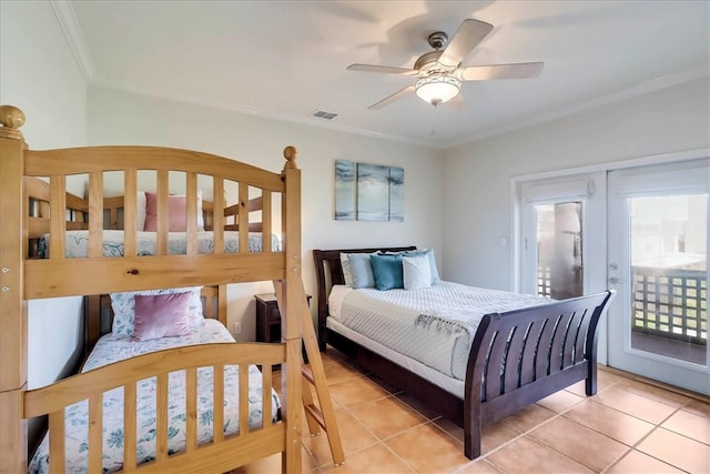 tiled bedroom with access to exterior, ceiling fan, and ornamental molding