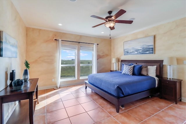 bedroom featuring tile patterned flooring, ceiling fan, and crown molding