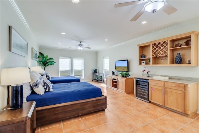 tiled bedroom with ceiling fan, crown molding, and beverage cooler