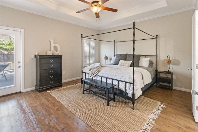 6105 Greenough Ct, Corpus Christi, TX 78414 - bedroom featuring a raised ceiling, wood finished floors, access to exterior, ornamental molding, and ceiling fan