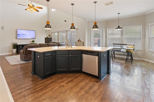 6105 Greenough Ct, Corpus Christi, TX 78414 - kitchen featuring dishwasher, wood finished floors, a ceiling fan, open floor plan, and light countertops