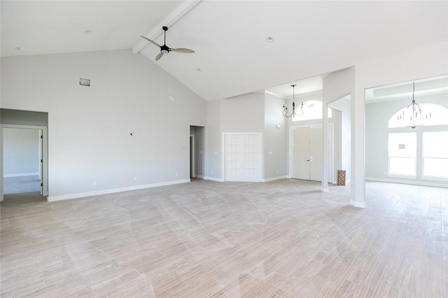 unfurnished living room featuring beam ceiling, light hardwood / wood-style flooring, high vaulted ceiling, and ceiling fan with notable chandelier