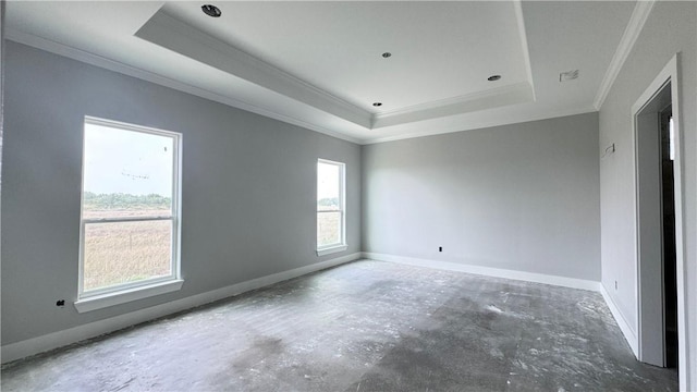 unfurnished room with a raised ceiling and crown molding