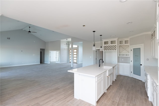 kitchen featuring sink, white cabinets, light hardwood / wood-style floors, and a center island with sink