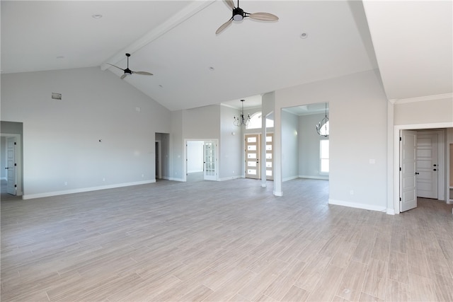 unfurnished living room featuring beamed ceiling, ceiling fan with notable chandelier, high vaulted ceiling, and light hardwood / wood-style flooring