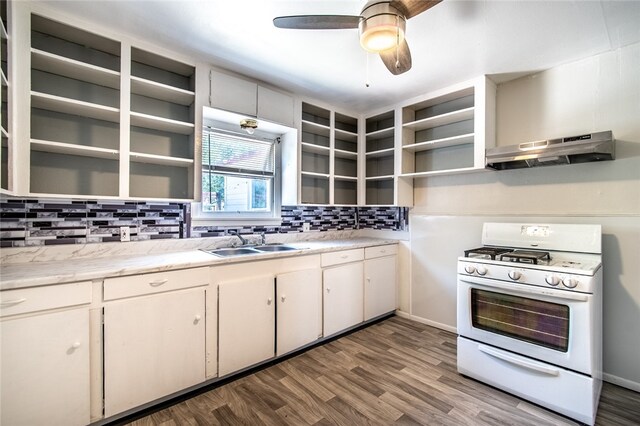 kitchen with ventilation hood, backsplash, hardwood / wood-style floors, sink, and white gas stove