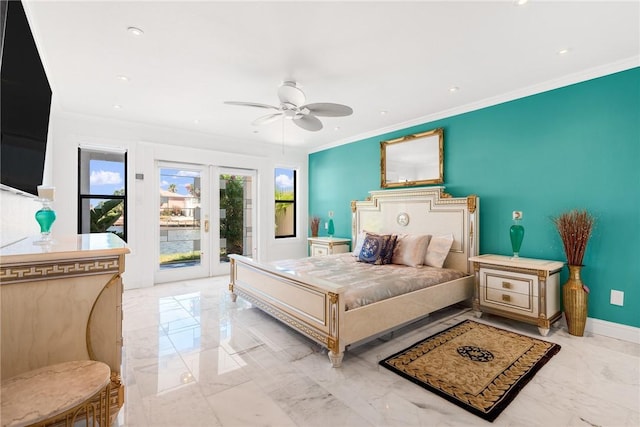 bedroom featuring baseboards, ornamental molding, access to exterior, french doors, and marble finish floor