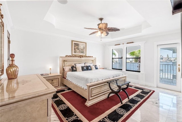 bedroom featuring baseboards, access to exterior, crown molding, a raised ceiling, and marble finish floor