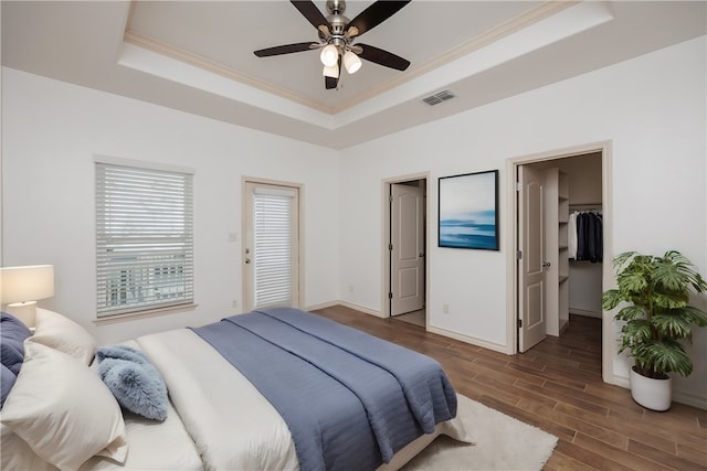 bedroom with a spacious closet, ornamental molding, dark hardwood / wood-style floors, a tray ceiling, and ceiling fan