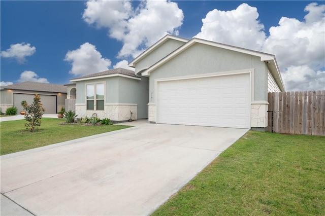 3141 Piranha Dr, Corpus Christi, TX 78414 - ranch-style house with stone siding, stucco siding, driveway, and an attached garage