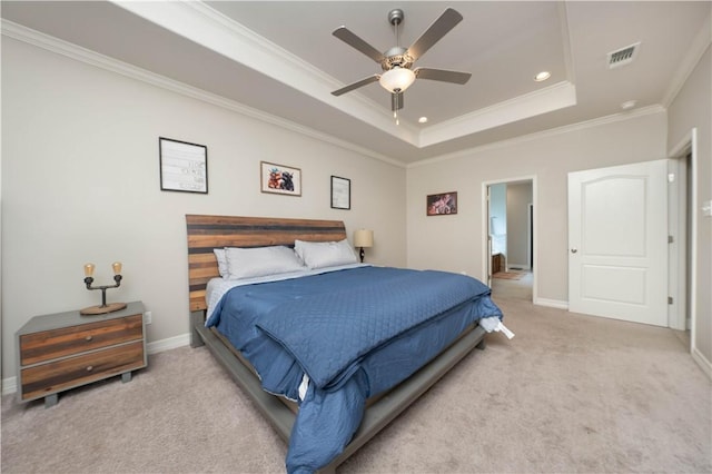 3141 Piranha Dr, Corpus Christi, TX 78414 - carpeted bedroom featuring ornamental molding, a raised ceiling, recessed lighting, baseboards, and a ceiling fan
