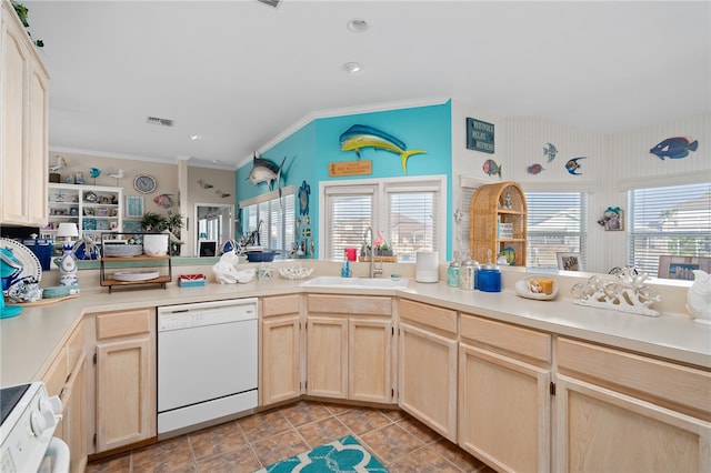 kitchen with a wealth of natural light, white appliances, sink, and crown molding