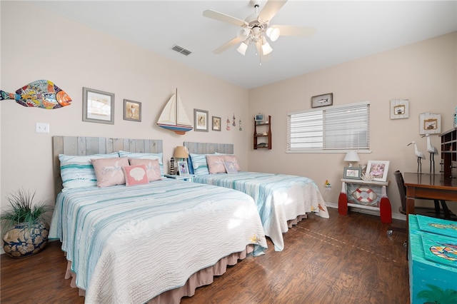 bedroom featuring dark wood-type flooring and ceiling fan