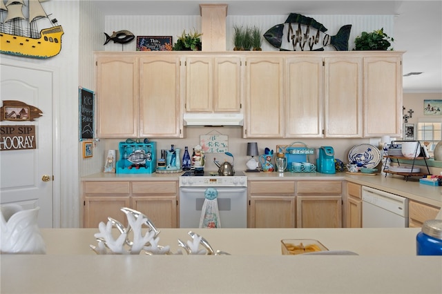 kitchen featuring light brown cabinetry and white appliances