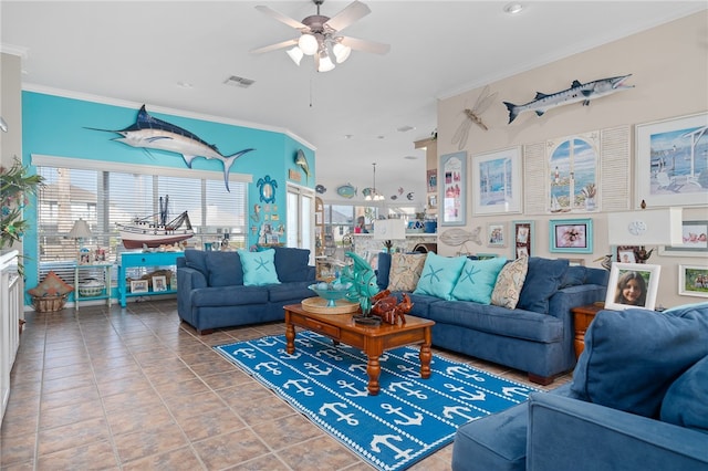 living room with ceiling fan, tile patterned flooring, and crown molding