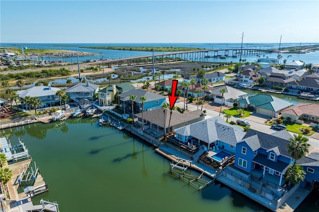 aerial view featuring a water view