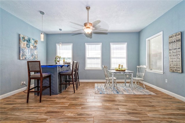 10634 Veda Dr, Corpus Christi, TX 78410 - dining space featuring healthy amount of natural light, wood finished floors, a textured ceiling, and ceiling fan