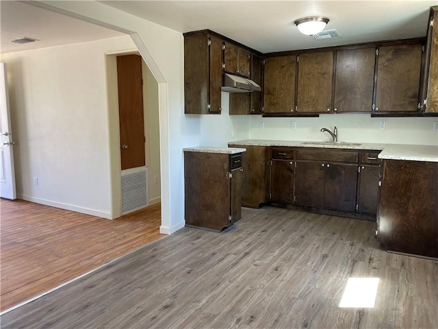 kitchen with visible vents, dark brown cabinets, under cabinet range hood, light wood-style floors, and a sink