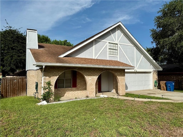 11614 Coleta Creek Dr, Corpus Christi, TX 78410 - tudor house with concrete driveway, a chimney, a garage, roof with shingles, and covered porch