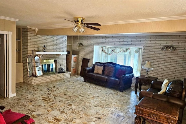 4725 Shea Pkwy, Corpus Christi, TX 78413 - living area with a textured ceiling, ceiling fan, and brick wall
