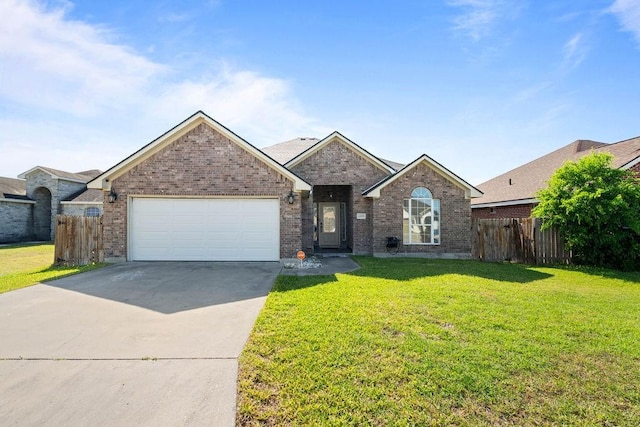 view of front of home featuring fence, a front yard, an attached garage, and brick siding