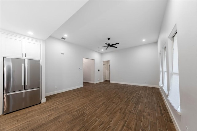 unfurnished living room with recessed lighting, wood finished floors, baseboards, and ceiling fan