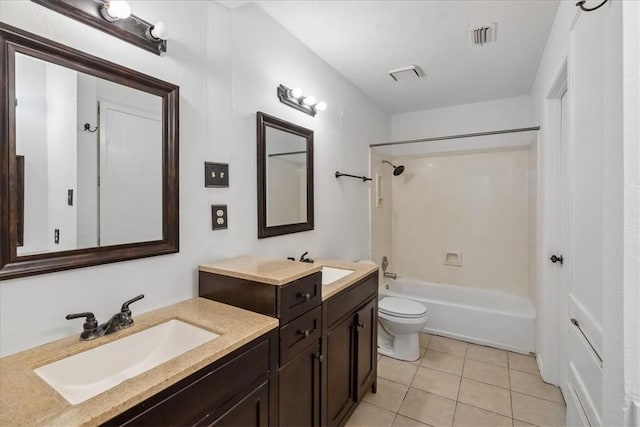 full bathroom featuring toilet, vanity, shower / bath combination, and tile patterned floors