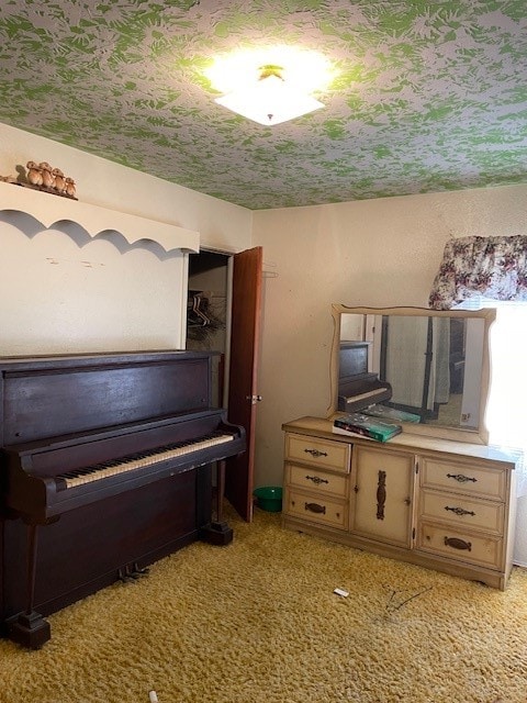 miscellaneous room featuring light colored carpet