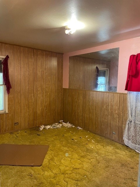 carpeted spare room with wood walls