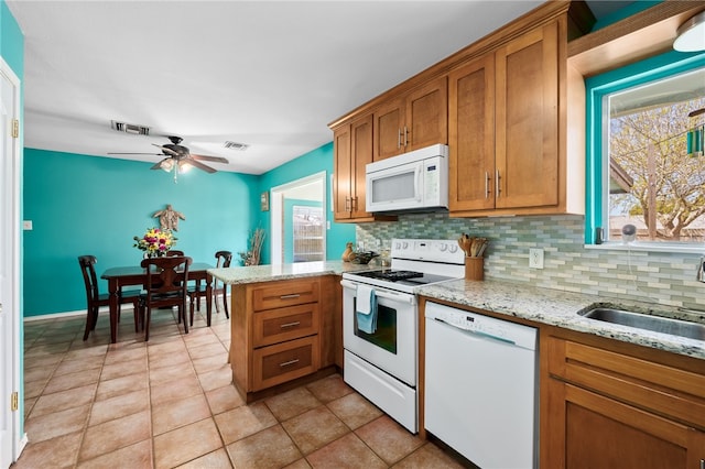 kitchen with ceiling fan, sink, tasteful backsplash, kitchen peninsula, and white appliances