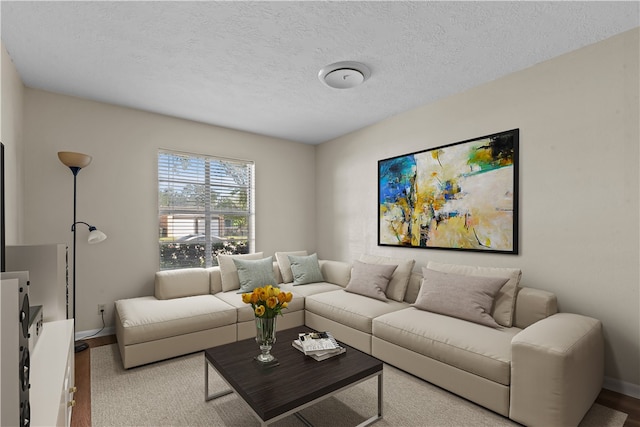 living room with a textured ceiling