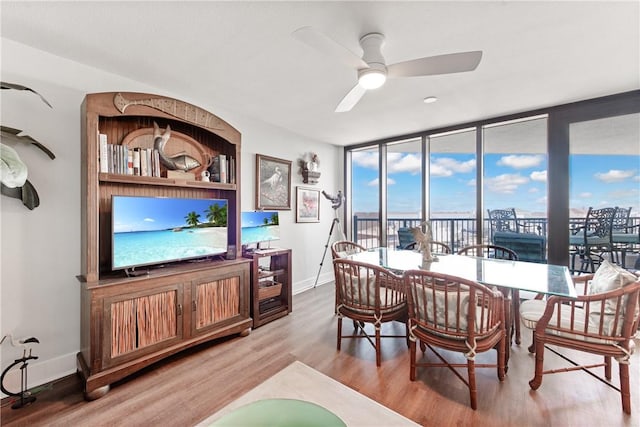 dining room with floor to ceiling windows, hardwood / wood-style flooring, and ceiling fan