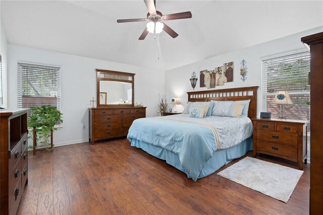 157 Heron Oaks St, Rockport, TX 78382 - bedroom with wood finished floors, baseboards, lofted ceiling, and a ceiling fan