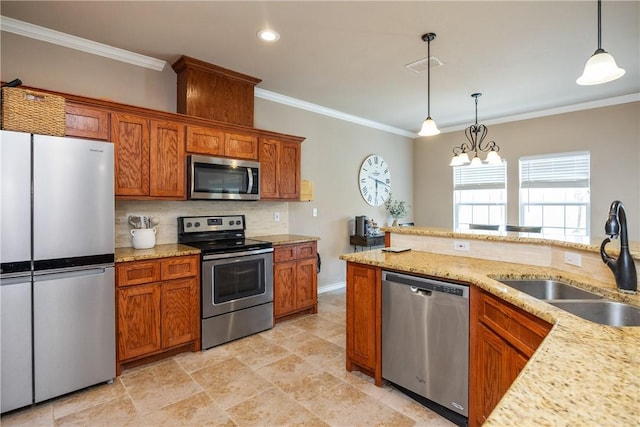 7205 Lake Serenity Dr, Corpus Christi, TX 78414 - kitchen with stainless steel appliances, a sink, brown cabinetry, tasteful backsplash, and ornamental molding