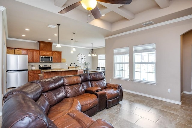 7205 Lake Serenity Dr, Corpus Christi, TX 78414 - living area featuring baseboards, ceiling fan, ornamental molding, coffered ceiling, and recessed lighting