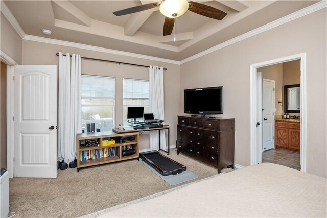 7205 Lake Serenity Dr, Corpus Christi, TX 78414 - bedroom with a tray ceiling, carpet flooring, ensuite bath, an office area, and ornamental molding