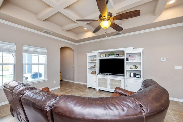 7205 Lake Serenity Dr, Corpus Christi, TX 78414 - living room featuring coffered ceiling, arched walkways, baseboards, ceiling fan, and ornamental molding
