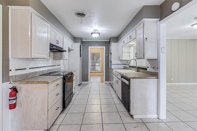 kitchen with sink, black range with electric cooktop, tasteful backsplash, dishwashing machine, and white cabinetry