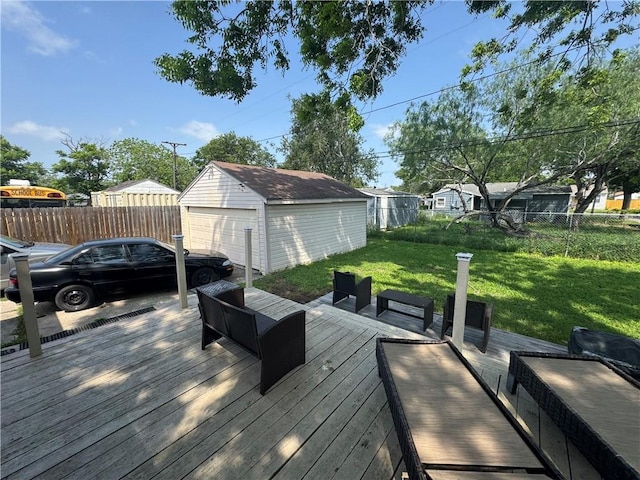 1210 Brentwood Dr, Corpus Christi, TX 78404 - wooden deck with a garage, an outbuilding, a yard, and fence private yard