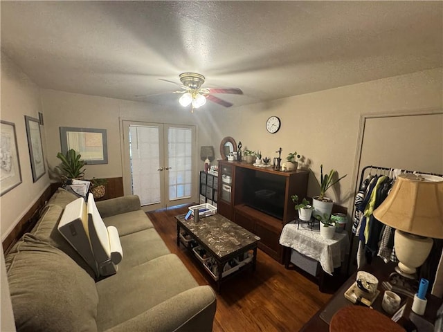1210 Brentwood Dr, Corpus Christi, TX 78404 - living area featuring a textured ceiling, french doors, ceiling fan, and wood finished floors