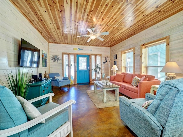 living room featuring wooden walls and wood ceiling