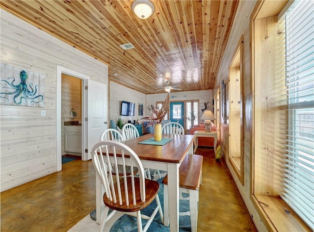 dining area with wood ceiling, concrete flooring, and wood walls