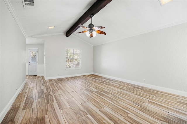 unfurnished living room with lofted ceiling with beams, ceiling fan, ornamental molding, and light hardwood / wood-style floors