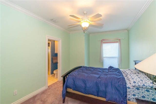 carpeted bedroom featuring ornamental molding, ceiling fan, and connected bathroom