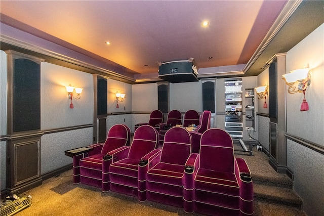 carpeted cinema with a tray ceiling